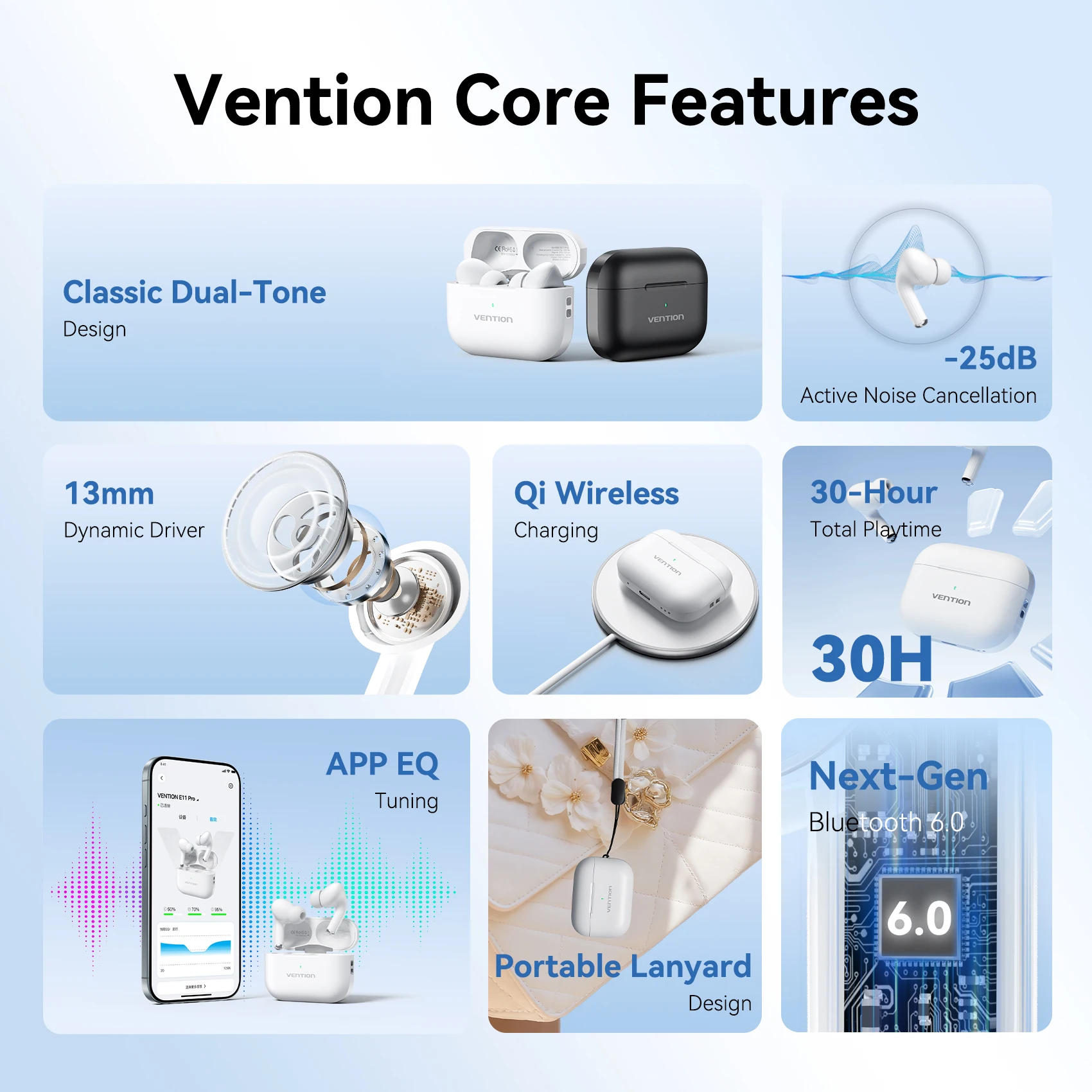 VENTION E11Pro ANC TWS Earphones Bluetooth 6.0 Wireless -25dB Hi-Res Earbuds 13mm Drivers 4 Mics Big Bass 30H In-Ear Detect