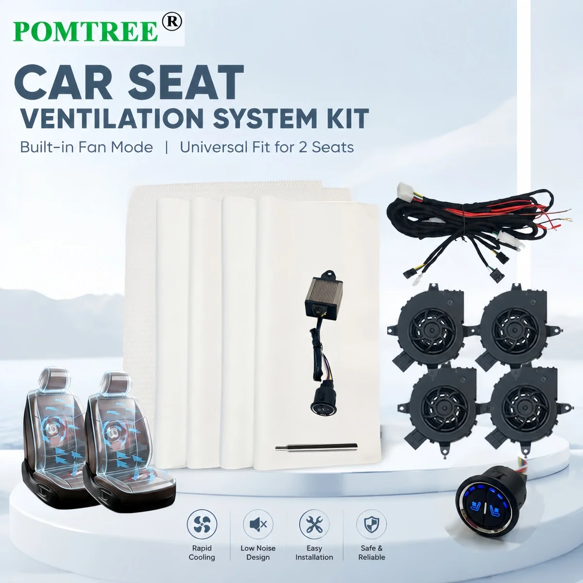 12V Universal Built-in Car Seat Ventilation Cooling System Kit Fit 2 Seats, Including 3-level Single Head Switch For Summer