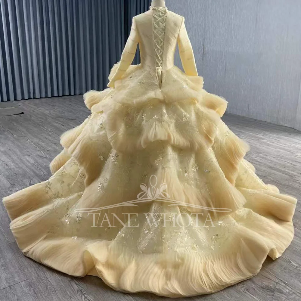 Luxury 2026 High Long Sleeve Yellow Muslim Evening Dress Sequined Lace-Up Back Tiered Customizable Prom Robe De Soirée