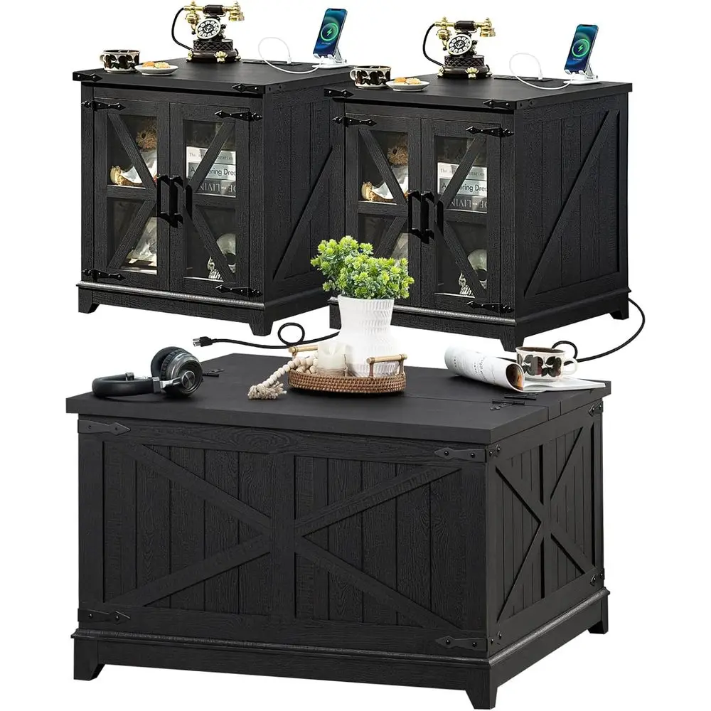 armhouse Coee Table Sets 3 Pieces, Large End Side Tables with Charging Station and Coee Table with Hidden Storage Comparent, Bla