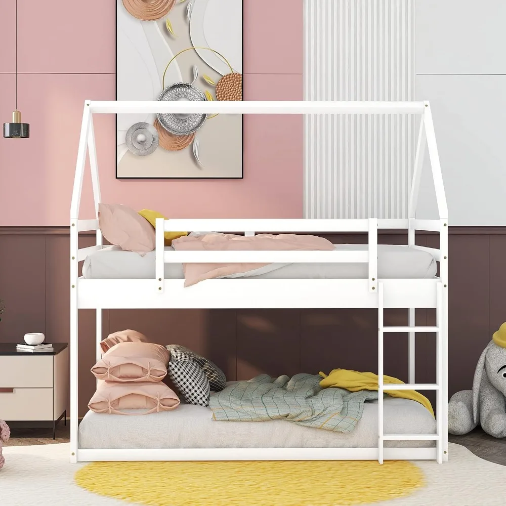 Wooden House Bunk Bed, Twin Over Twin with Ladder, Girls Boys Bunk Bed Frame, Floor Twin Toddler Size, White