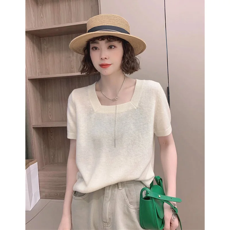 

Korean Sle Pure Color Square Collar Loose Slim ort Sve Ice Silk Knitted irt Women's Ele Versatile Thin Base ir...