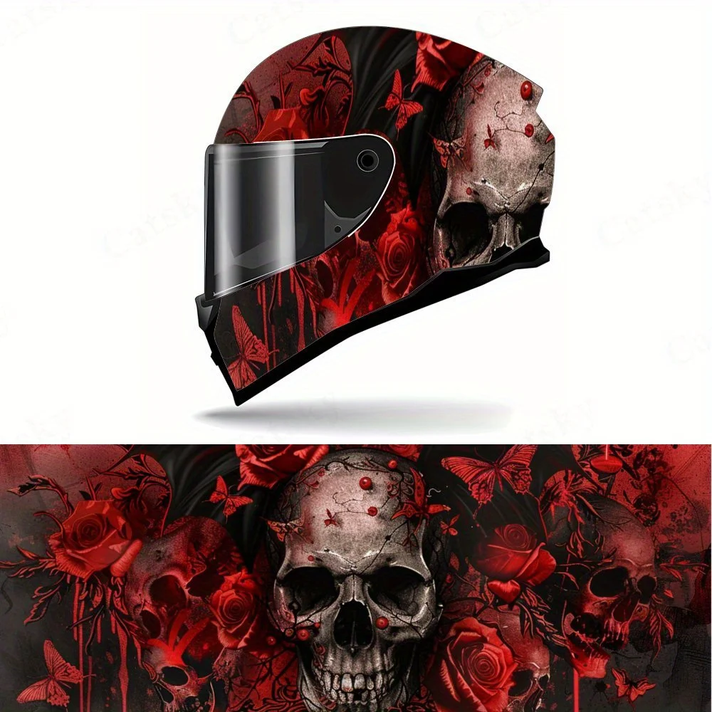 

Blood Rose Skull Helmet Vinyl Wraps, Waterproof Scratch-Resistant Full Face Helmet Decals, Durable PVC Artistic Design, Instant