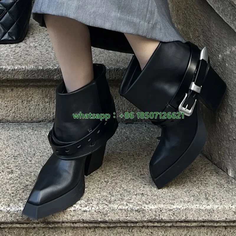 New Large-Tube Lock Buckle Pointed Long Boots For Women Leather Boots Metal Knight Boots Stiletto Boots