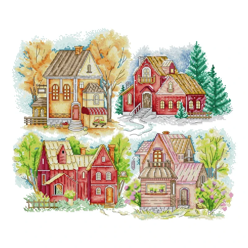 Joy Sunday Cross Stitch Kit Four Seasons Color Cabin Printed Cross Stitch Embroidery Kit Print Fabric Homefun Cross Stitch Kit