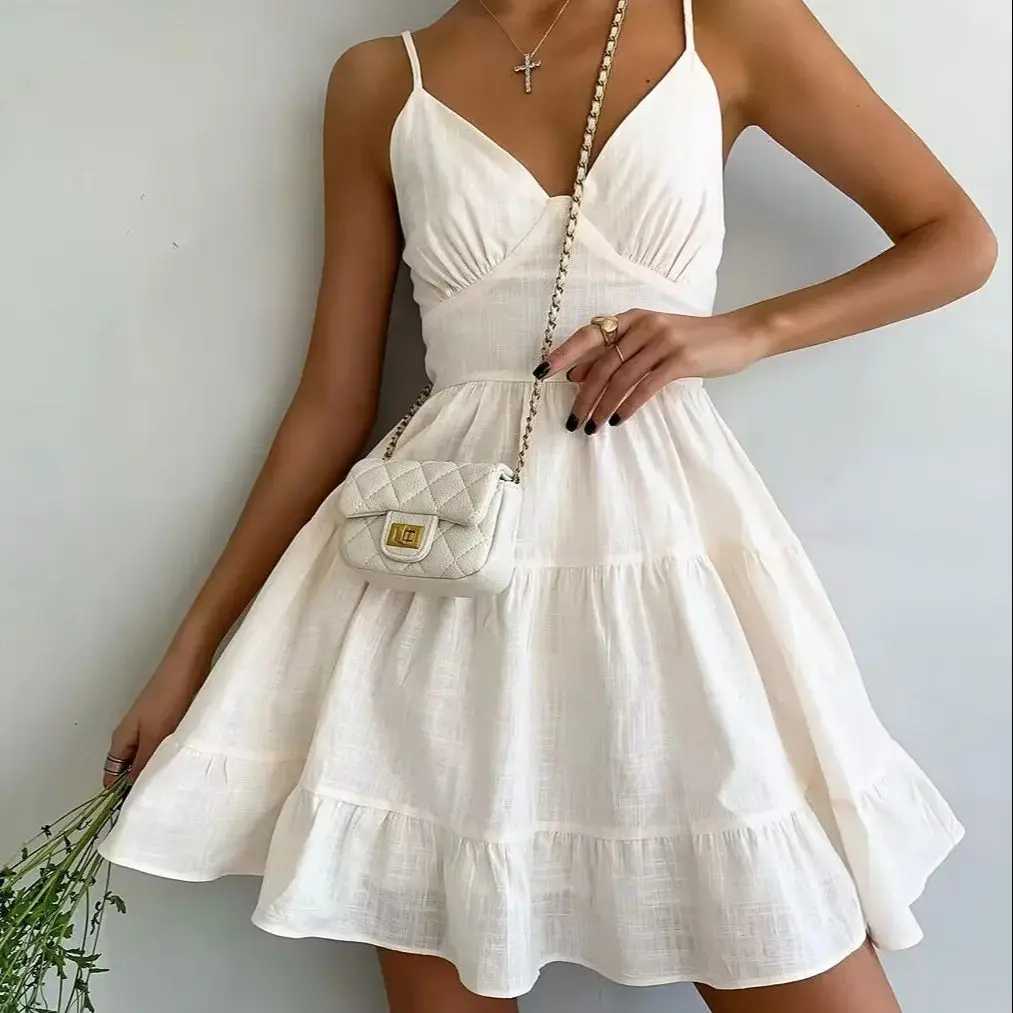 Vestidos de algodão de linho sem mangas feminino solto a linha camisola verão moda festa estilingue vestido sexy com decote em v sem costas babados vestido