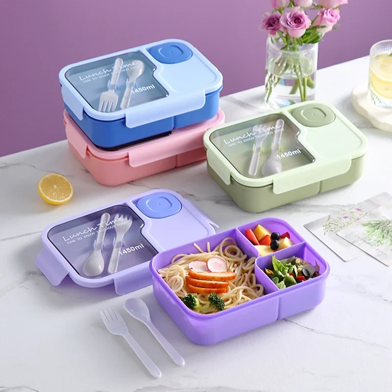 Bento Lunch Box For Kids Girls Cartoon Students Kawaii Cute Heated 3 Grid Sandwich Snack Food Box Special Canteen Food Storage