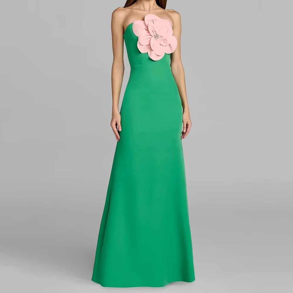 

Green Prom Gown Fashion Flowers Crystal Simple Women's Evening Dresses Strapless Sleeveless Wedding Party Dress Customized