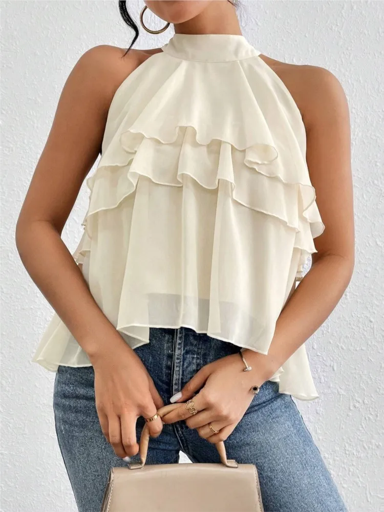 

Sexy Top Solid Color Slim Halter Sleeveless Irregular Ruffle Blouse Elegant Commuting Vacation Hot Girl Fashion Pullover women's