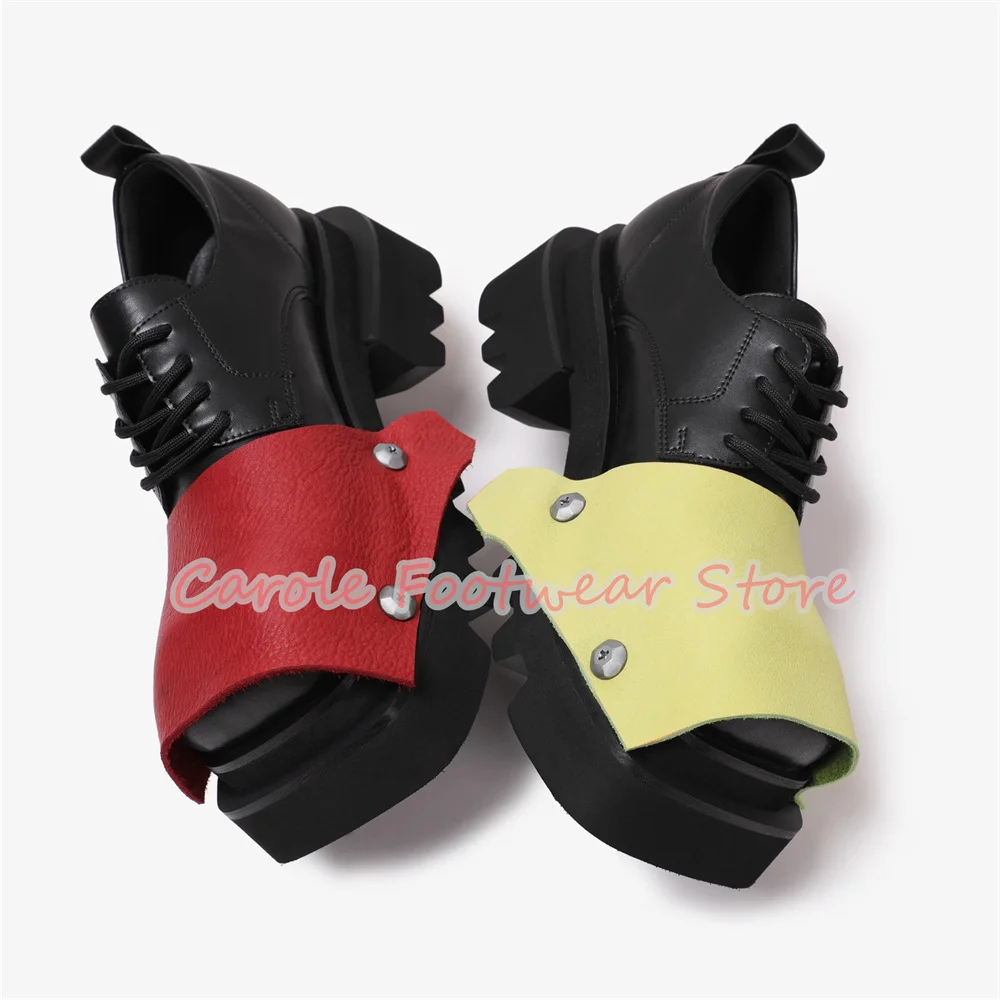 

Punk Rivet Square Toe Chunky Heel Derby Shoes for Women Mixed Color Leather Splicing Lace-up Loafers Lady Casual Oxfords