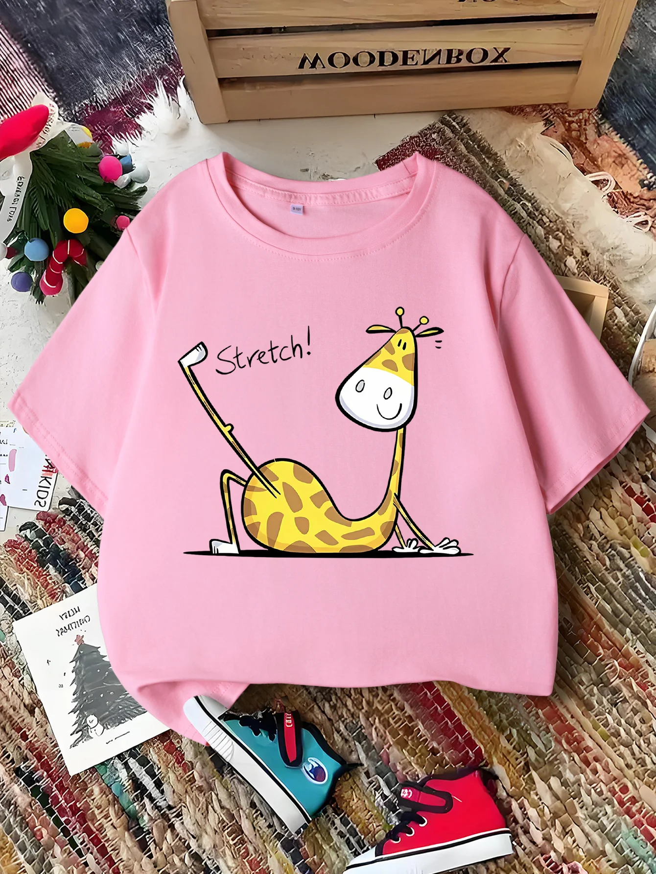 Cute Stretch Cartoon Giraffe Print Graphic Kids Tee Boys Girls Family Matching Cotton Crew Neck Short Sleeve Soft Summer Tee