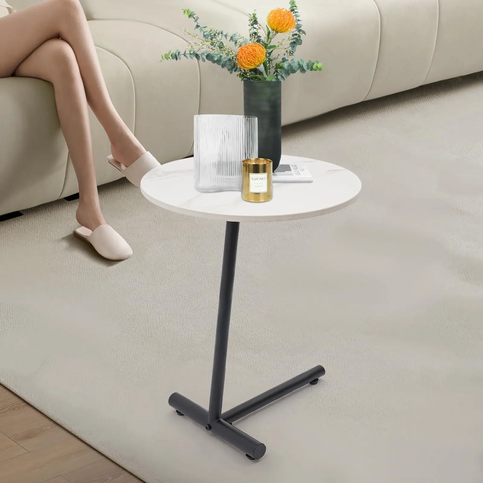 

Маленький приставной столик Современный круглый торцевой столик с Т-образным основанием Отдельно стоящий приставной столик для дивана