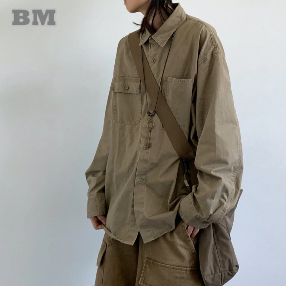 

Японская винтажная рабочая рубашка для мужчин и женщин, свободная посадка из чистого хлопка, повседневная одежда с длинными рукавами большого размера в стиле Харадзюку, уличная одежда, топ унисекс