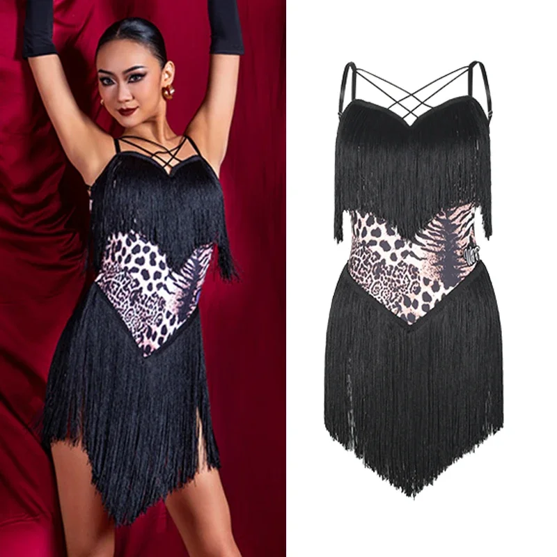 

2023 Latin Dance Dress Women Leopard Fringe Dress Adult Performance Clothes Cha Cha Rumba Samba Dance Practice Clothing DNV18853