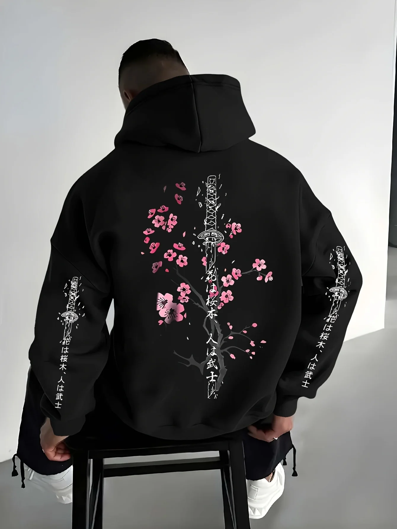 Herren-Hoodie im japanischen orientalischen Stil für Herbst und Winter mit Samurai-Schwert- und Sakura-Tuschemalerei-Print, lässiger Streetwear-Fleece-Pullover – Detail 6