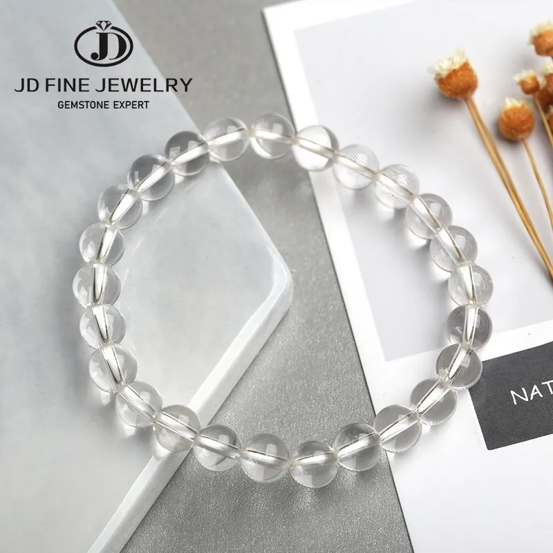 JD Natural Rock Crystal Beaded Bracelets Women Fashion Reiki White Clear Quartz Round Stone Chakra Strand Bangles Summer Jewelry