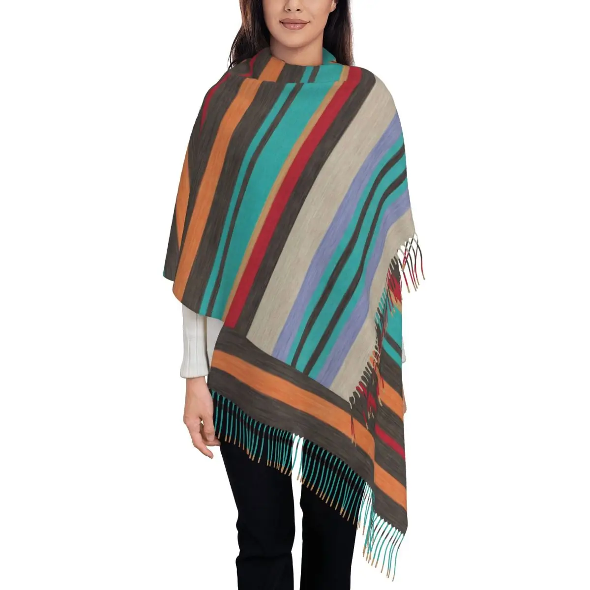 

Роскошный красочный богемный тканевый шарф в полоску с текстурой и кисточками, женские зимние теплые шали, женские шарфы с геометрическими линиями
