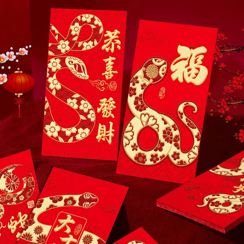 6 pçs 2025 ano novo envelopes vermelhos ano da cobra ano novo chinês festival de primavera boa sorte envelope presente para crianças