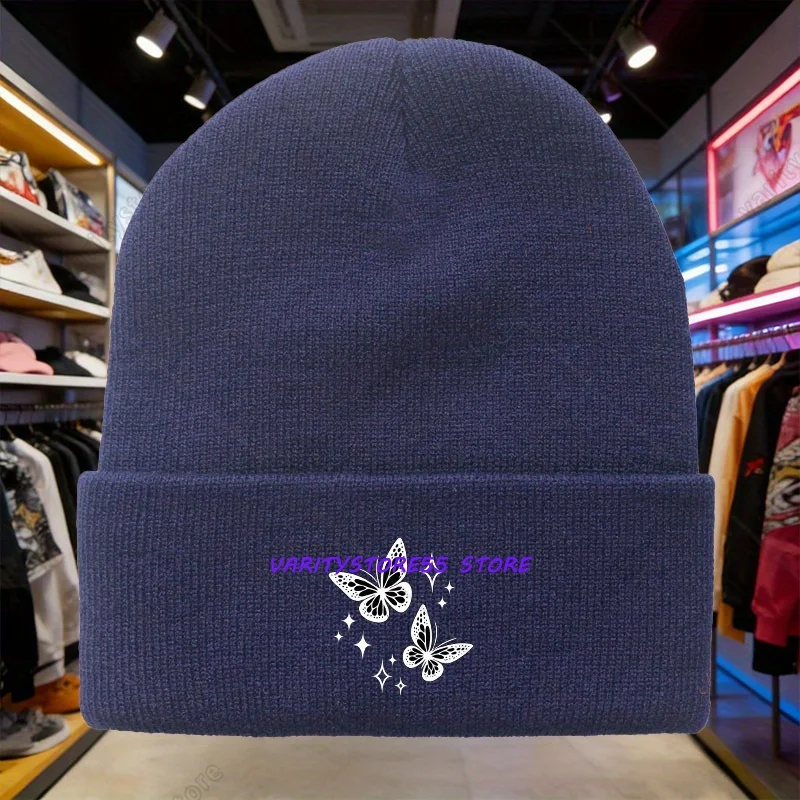 Delicate Butterfly Star Print Ribbed Beanie, Cute Trendy Daily Outdoor Cuffed Skull Cap