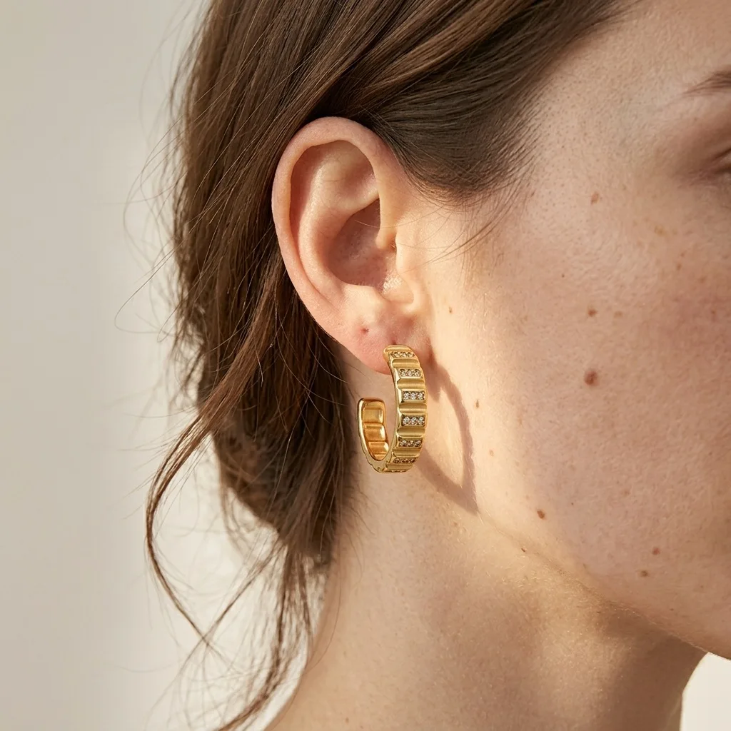 Stainless steel groove ladder zircon C-shaped earrings gold and silver two-color diamond-encrusted niche light luxury half-ring