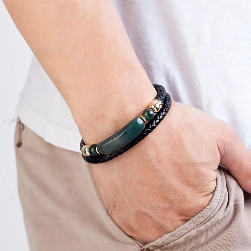 Trendy Crystal Stone Bracelet Braided Leather Cord Anti-rust Stainless Steel Chain Jewelry for Valentine's Day Gift