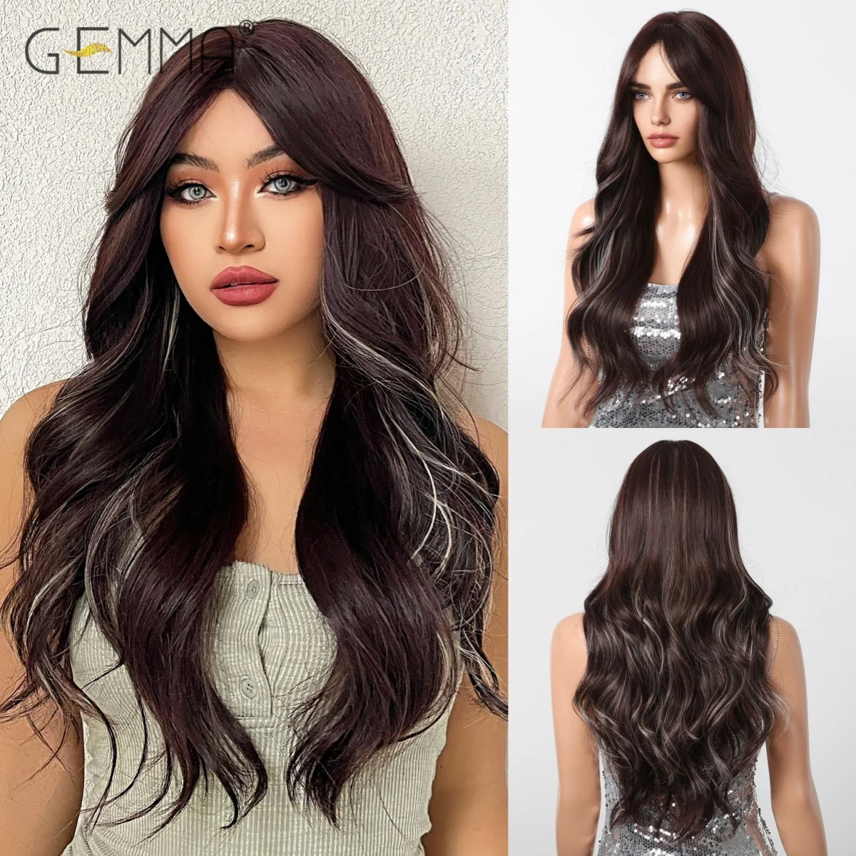 

Long Chocolate Brown Wavy Wig with Bangs Synthetic Blonde Highlight Natural Wave Hair Wigs for Women Heat Resistant Cosplay