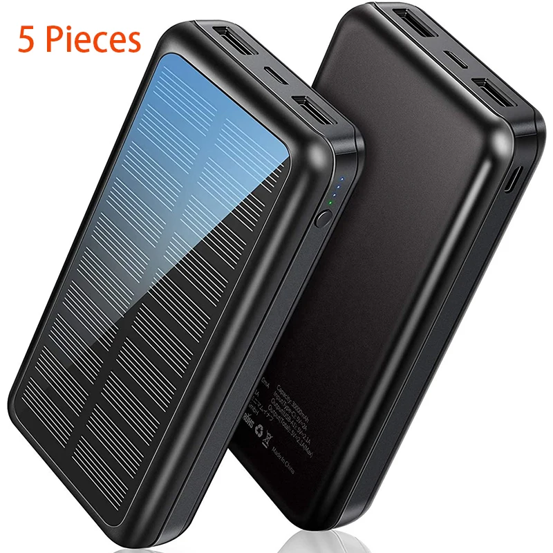 5 Pieces 20000mAh Solar Power Bank Portable Charger Dual USB Type C Poverbank for iPhone Samsung Xiaomi Powerbank for iPad