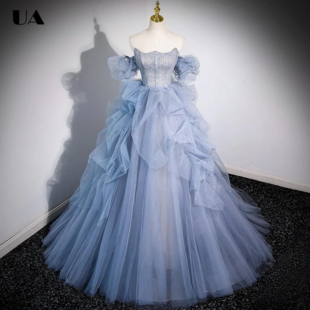

ULBYANRY Customized Ruffled Mesh A-line Puff Sleeve Sweet 15 Dress Sparkly Beading Quinceanera Dress Elegant Strapless Ball Gown