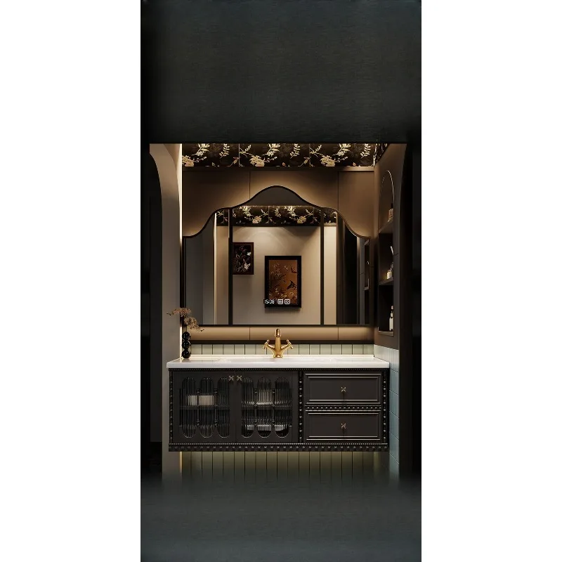 Oak French Vintage Bathroom Cabinet Combination Toilet Slate Wash Counter Hand Washbasin Bathroom Cabinet