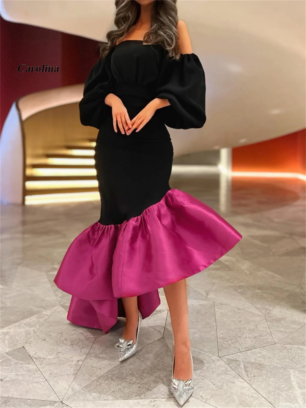 Mermaid Off Shoulder Prom Gown Satin Black Elegant Occasion Dress Robe De Soirée Women Ruched Puffy Sleeves Evening Party Dress