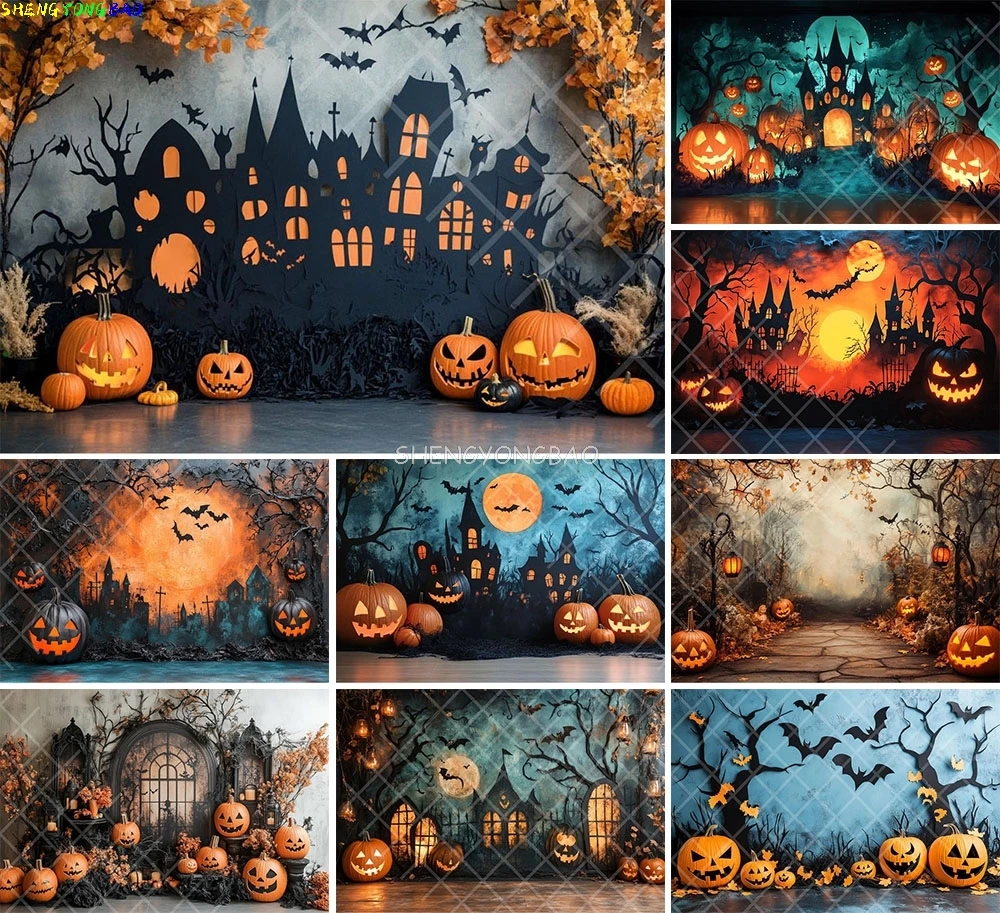 

Halloween Day Spooky Backdrop lanterns Cobwebs Creepy Vanity Filled Wicked Eerie Evil Scary Dark Night Forest Background OA-05
