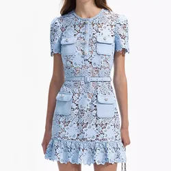 2024 Runway Summer Blue Floral Lace Hollow Out Mini Dress Vintage Women Round Collar Diamonds Buttons Belt Mermaid Party Clothes