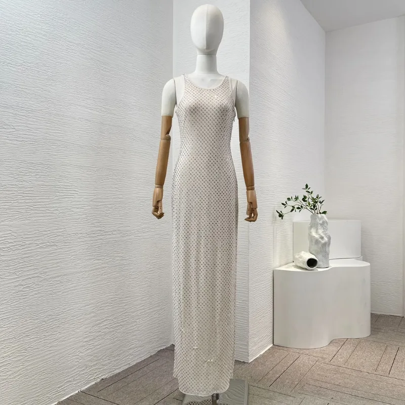 Women's O-Neck Sleeveless Maxi Dress Slim Fit Silver Diamonds Pressed Summer Clothes Sexy Club Clothes High Quality New 2024