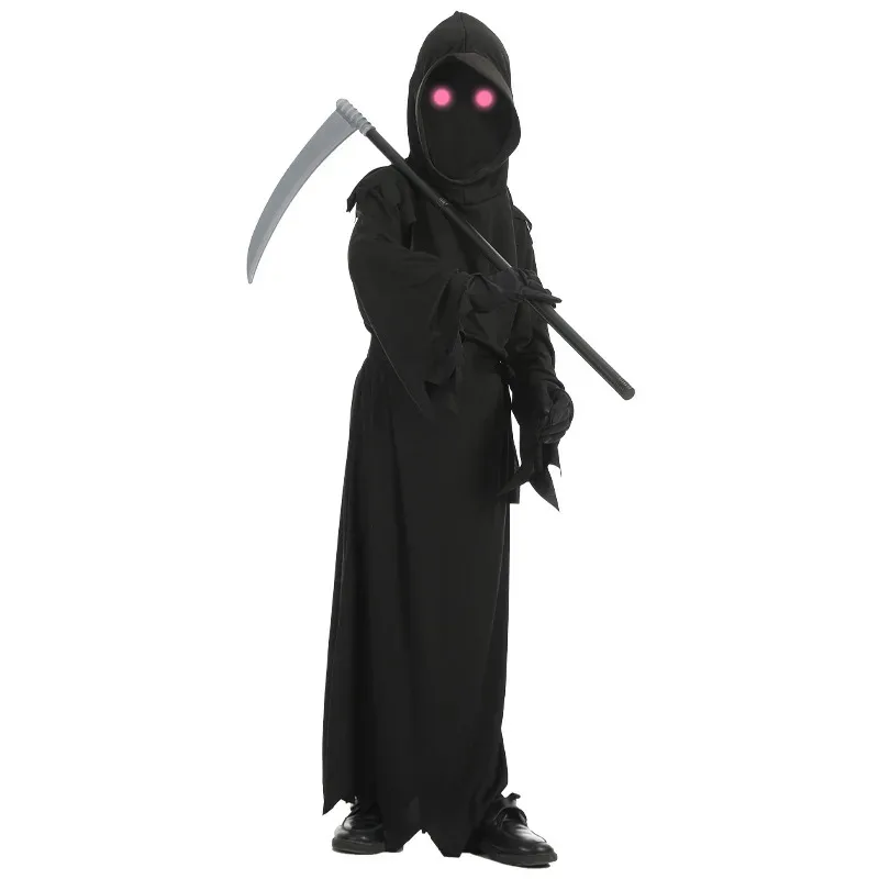 Urso den crianças grim reaper brilhante olhos vermelhos criança vampiro foice e máscara halloween horr traje novo 2025