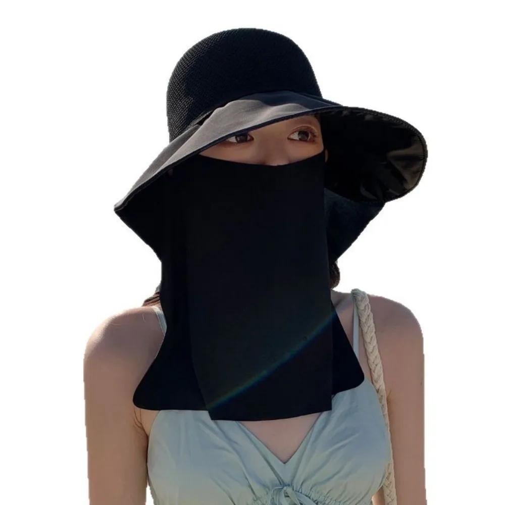 جديد تنفس قبعة الشاطئ المضادة للأشعة فوق البنفسجية حماية الرقبة شال دلو قبعة الجليد شبكة حرير قناع قبعة النساء