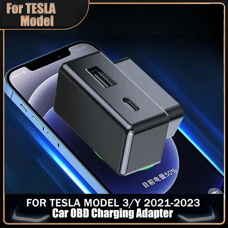 

Car Adapter Phone PD Fast Charging Dual Port Hidden OBD For Tesla Model 3 Accessories 2023 Model Y