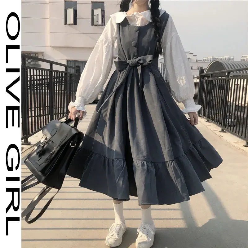 2021 Summer Maxi Dresses Shirts For Women Casual Kawaii Fairy Clothes Long Sleeve Strap Dress Lolita Harajuku Cottagecore Robe