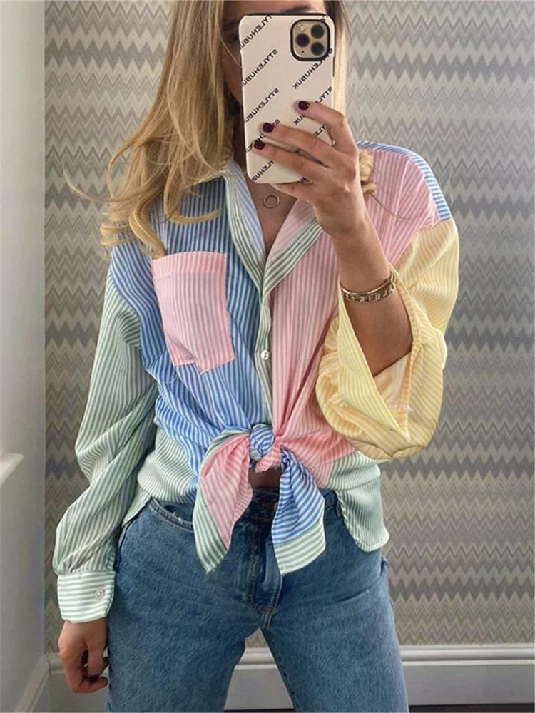 Sweet Woman Loose Colorful Stripe Shirts 2022 Spring Casual Oversized Patchwork Buttoon Tops Girls Sweety Shirt