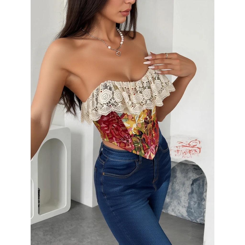Sexy Fishbone Lace Patchwork Vintage Embroidery Crop Top Unique Design Crossbody Strapless Bralette for Women Spring 2025
