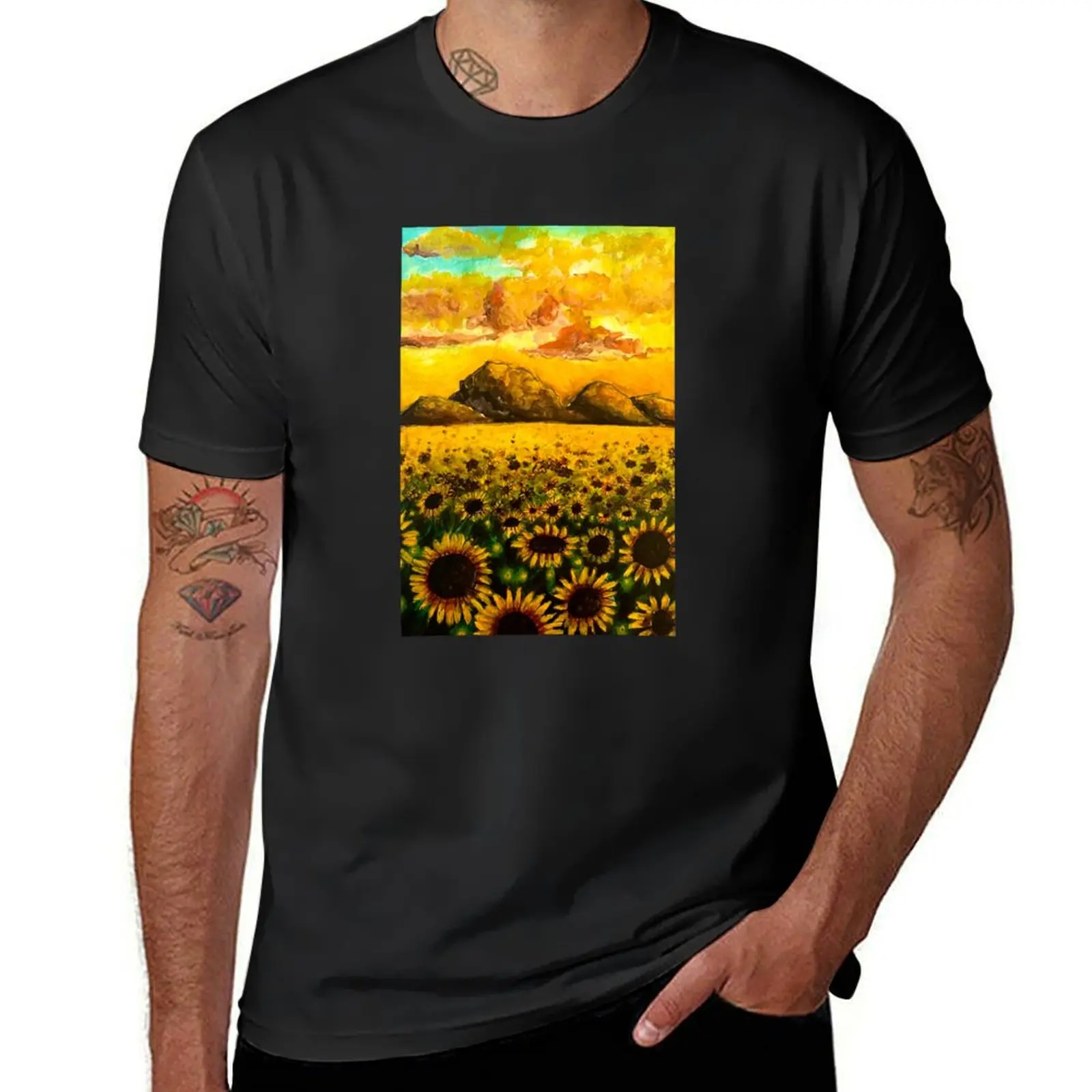 Warm sunset sunflower colorful mountain landscape T-Shirt boys whites heavyweights sublime men graphic t shirts