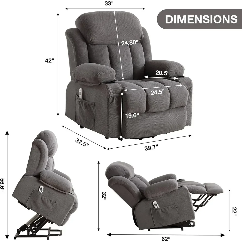 Power Lift Recliner Chair with Heat and Massage Electric Recliner Chair for Elderly with Side Pocket, USB Charge Port, Chair