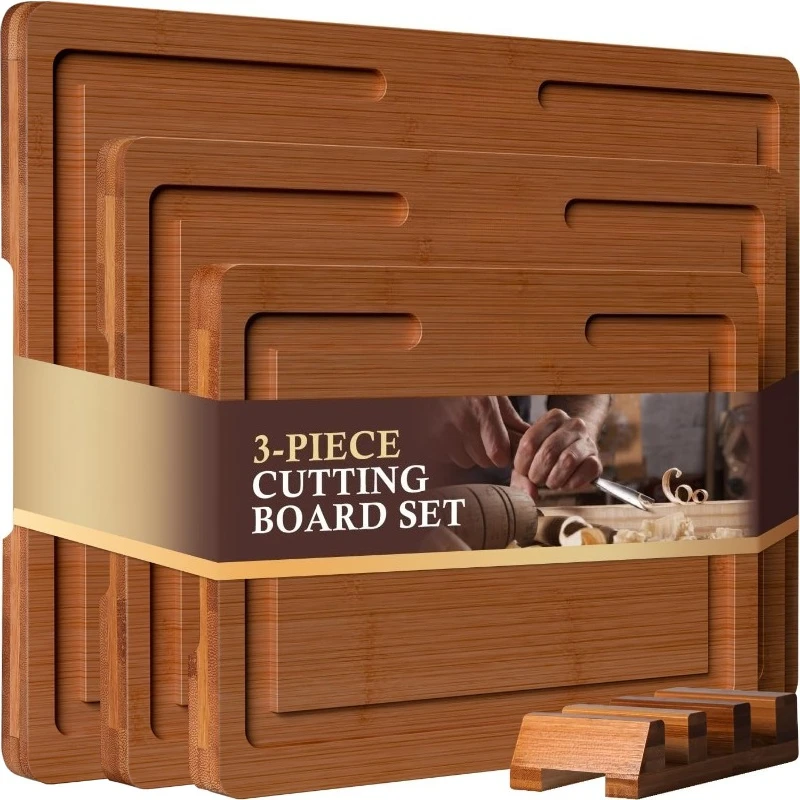 

Set of 3 with base Bamboo Cutting Board Set, Wood Cutting Boards for Kitchen with Holder Wooden/Christmas/family gathering