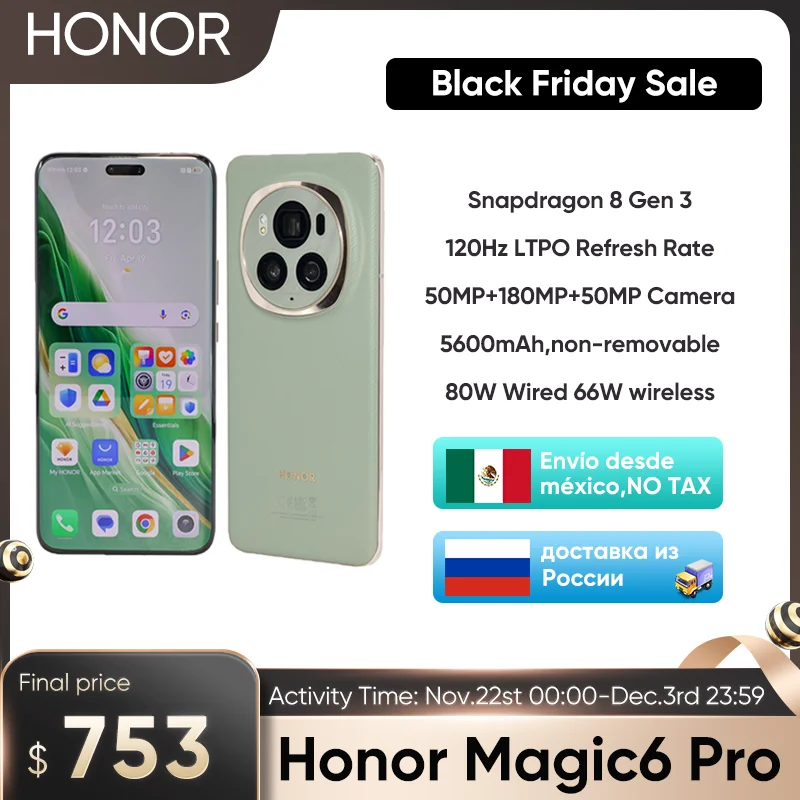 Новая глобальная версия HONOR Magic6 Pro, 6,8-дюймовый OLED-дисплей, 120 Гц, Snapdragon 8 Gen 3, аккумулятор 5600 мАч, 80 Вт, быстрое зарядное устройство, камера 180 МП