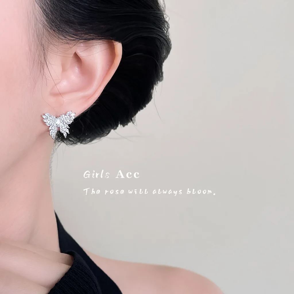 Hot Sale High Quality Full Diamond Butterfly Ear Studs 925 Silver Wholesale Heavy Work Design Evening Party Earrings Jewelry
