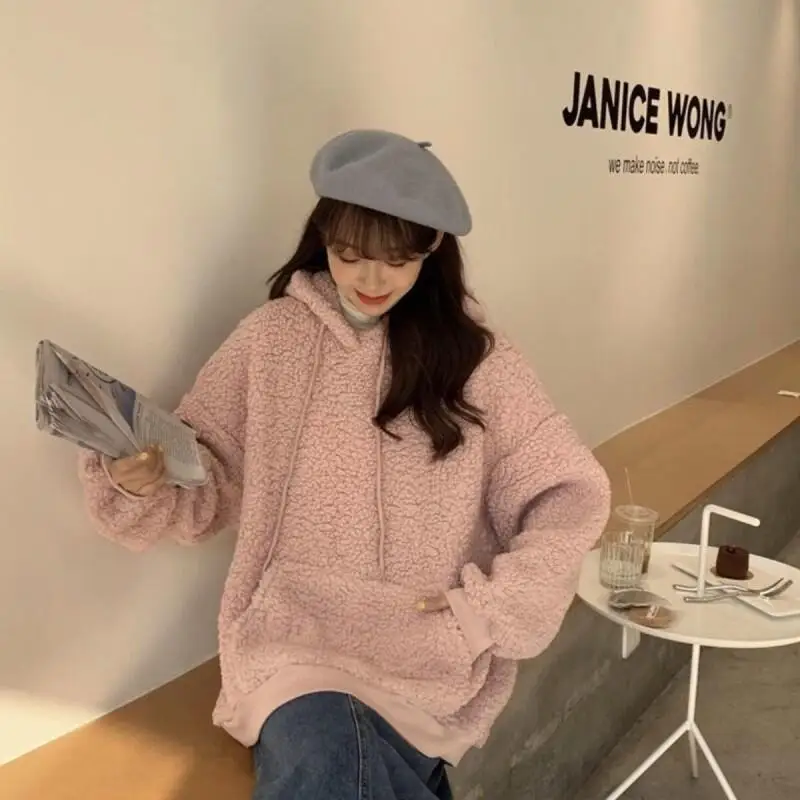 Damska bluza z kapturem, polarowa, z uszami misia, ciepła, gruba, luźny krój, modna, studencka, codzienna, na zimę i jesień.