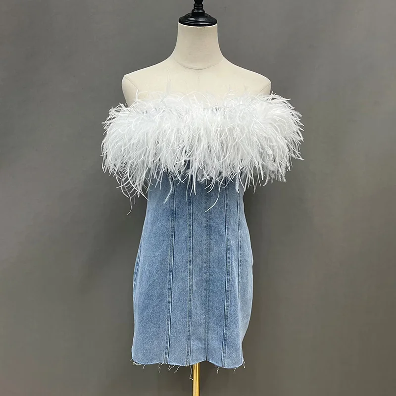 Women Denim Dress Bodycon Mini Dresses  Vestidos Elegant Sleeveless Jeans Dress Ladies Female Banquet New Tube with Feathers