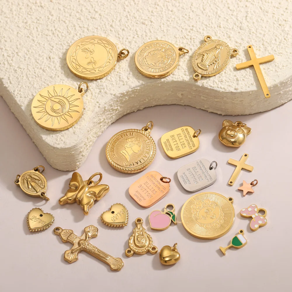 CARLIDANA Waterproof Gold Plated Cross Virgin Mary Sun Heart Nameplate Stainless Steel Pendant Charms Women DIY Jewelry Making