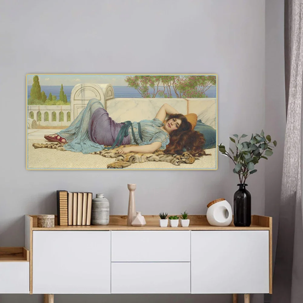 John William Godward《Mischief And Repose》Canvas Oil Painting Artwork Poster Picture Wall Decor Home Living room Decoration