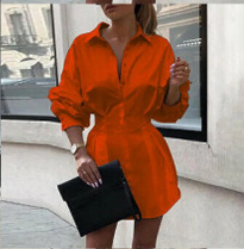 Dress Women Summer new pure color lady turn down collar shirt waist button decoration mini Dresses Casual Vestidos