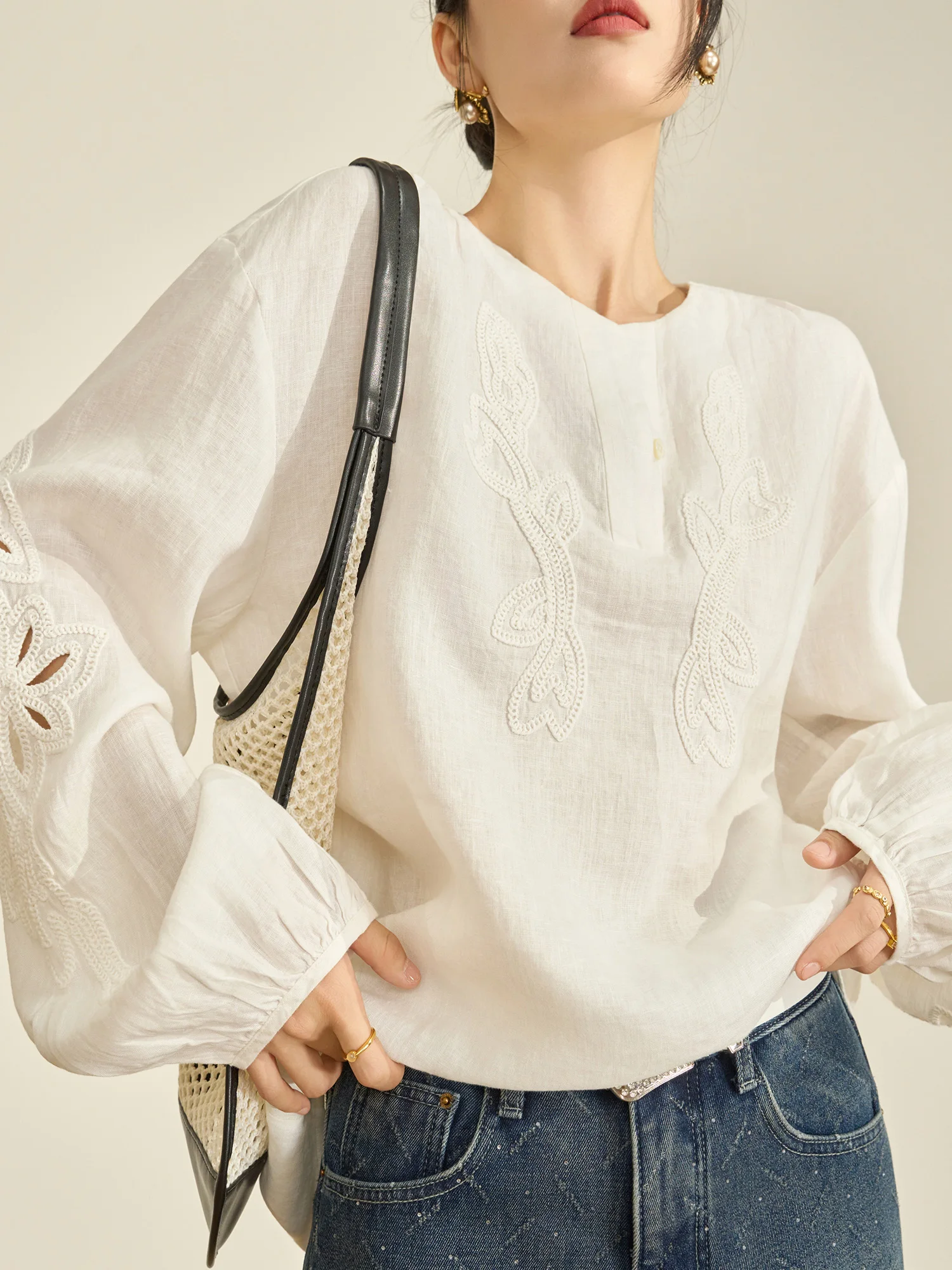 

Flowing Era Early Spring Women's White Linen Long Sleeve Shirt Embroidered Hollow out Casual Style Loose Fit Anti-Wrinkle